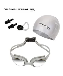 Strauss Swimming Goggles Cap Ear And Nose Plugs Swimming Kit - Grey