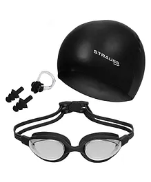 Strauss Swimming Goggles Cap Ear And Nose Plugs Swimming Kit - Black