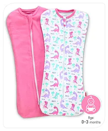 Babyhug Cotton Zipper Swaddle Dino Print Pack of 2 - Pink White