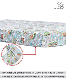 Babyhug Premium 100% Cotton Fitted Crib Sheet Transport Print Regular - Blue