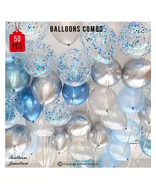 Balloon Junction Metallic & Confetti Balloon Combo Silver Blue - Pack of 50