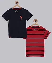 3PIN Pack Of 2 Striped Half Sleeves Tee - Red