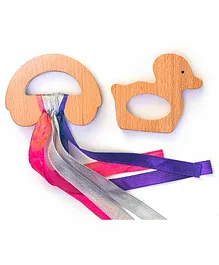 Rocking Potato Beech Wood Duck & Car Shaped Teether with Ribbons Pack of 2 - Beige