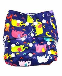 The Mom Store Happy Colorful Elephants Printed Reusable Cloth Diaper With Insert - Blue