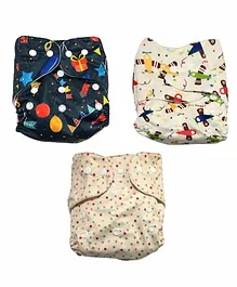 The Mom Store Multi Printed Reusable Cloth Diaper With Inserts Pack of 3 - Multicolor