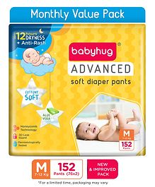 Babyhug Advanced Pant Style Diapers Medium (M) Size Monthly Box Pack - 152 Pieces, Honeycomb Technology, Cottony Soft Diaper with 3D Leak Guard, Latex & Alcohol Free, Anti-rash & Gentle 