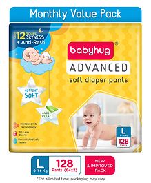 Babyhug Advanced Pant Style Diapers Large (L) Size Monthly Box Pack - 128 Pieces, Honeycomb Technology, Cottony Soft Diaper with 3D Leak Guard, Latex & Alcohol Free, Anti-rash & Gentle 