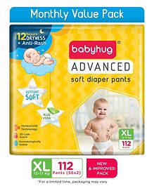 Babyhug Advanced Pant Style Diapers Extra Large (XL) Size  Monthly Box Pack - 112 Pieces, Honeycomb Technology, Cottony Soft Diaper with 3D Leak Guard, Latex & Alcohol Free, Anti-rash & Gentle 