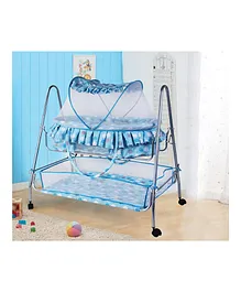 Kiddery Clio Cradle cum Bassinet with Wheels and Storage Basket Polka Dot Print - Blue 