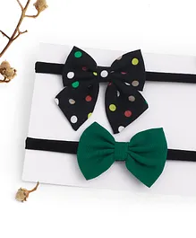 Knotty Ribbons Pack Of 2 Solid & Polka Dot Printed Bow Headband - Black & Green