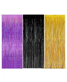 Khurana Decorative Fringe Metallic Foil Curtain Purple Black Golden - Pack of 3