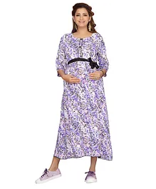 MOM'S BEE Half Sleeves All Over Flower Print Maternity Dress - Purple