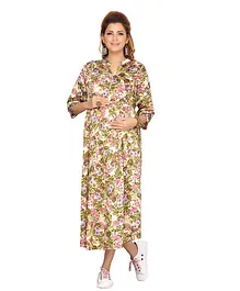 MOM'S BEE Three Fourth Sleeves All Over Flower Print Maternity Dress - Green