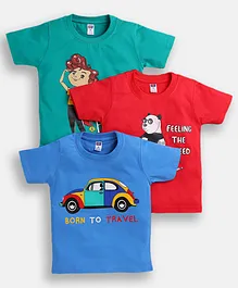 Nottie Planet Pack Of 3 Half Sleeves Panda & Car Printed Tee - Blue & Red