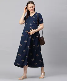 MomToBe Half Sleeves Floral Print Maternity Dress - Navy Blue