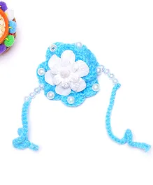 MayRa Knits Hand Knitted Flower Design Crochet Rakhi-Blue