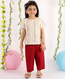 Little Bansi Short Sleeves Striped Top With Pants - Cream