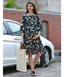 Mine4Nine Half Sleeves Floral Print Fit & Flare Midi Rayon Maternity & Nursing Dress - Navy