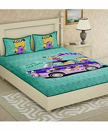 Divamee 100% Pure Cotton Double Bedsheet with Pillow Covers Minion Print  - Green