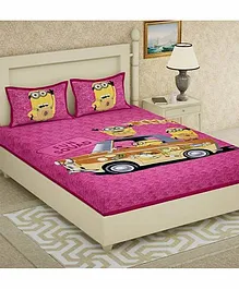 Divamee 100% Pure Cotton Double Bedsheet with Pillow Covers Minion Print  - Pink 