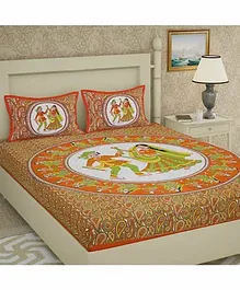 Divamee Cotton Dandiya Print Double Bedsheet With Pillow Covers Jaipuri Print - Orange