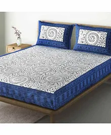 Divamee 100% Cotton Double Bedsheet With Pillow Covers Jaipuri Print - Blue