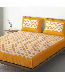 Divamee 100% Cotton Double Bed Sheet with Pillow Covers Jaipuri Print - Yellow 