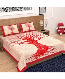 Divamee 100% Pure Cotton Double Bedsheet with Pillow Covers Tree Print - Red & White 