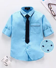 Robo Fry Full Sleeves Party Shirt With Tie Dots Print - Light Blue
