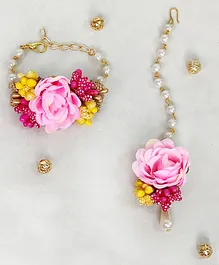 Lime By Manika Rosa Floral Bracelet & Maang Teeka Set - Pink