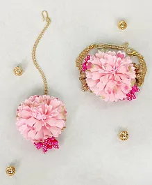 Lime By Manika Floral Bracelet & Maang Teeka Set - Peach Pink