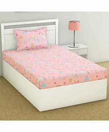 Haus & Kinder Digital Magic 100% Cotton Single Bedsheet With Pillow Cover Unicorn Print  - Pink