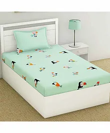 Haus & Kinder Digital Magic 100% Cotton Single Bedsheet With Pillow Cover Parrot Print  - Green