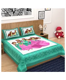 Divamee 100% Pure Cotton Double Bedsheet with Pillow Covers Disney Princes Print - Green
