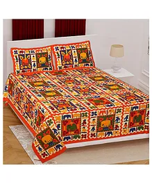 Divamee 100% Pure Cotton Double Bedsheet with Pillow Covers Jaipuri Print - Orange