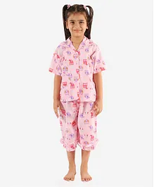 KID1 Half Sleeves Owl Print Capri Night Suit Set - Pink