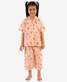KID1 Half Sleeves Owl Print Capri Night Suit Set - Peach