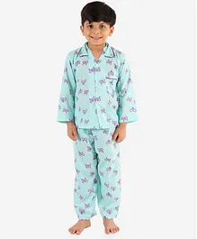 KID1 Full Sleeves Cat In A Hat Print Night Suit - Green