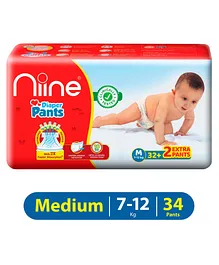 Niine Cottony Soft Baby Diaper Pants with Diaper Change Indicator for Overnight Protection Medium Size 7-12 KG - 34 Pants
