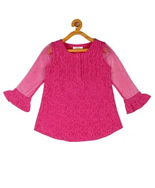 Young Birds Full Mesh Sleeves Floral Lace Top - Pink