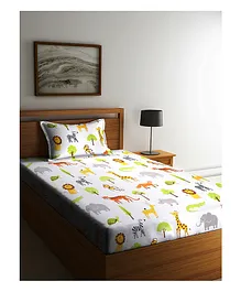 SWHF Cotton Single Bedsheet with One Pillow Cover Zoo Print - Multicolour