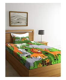 SWHF Cotton Single Bedsheet with One Pillow Cover Jungle Print - Multicolour