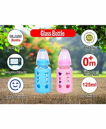 Mastela Borosilicate Glass Feeding Bottle with Silicone Cover Set of 2 Bliue Pink - 125 ml Each