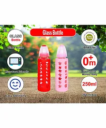 Mastela Borosilicate Glass Feeding Bottle with Silicone Cover Set of 2 Red Pink  - 250 ml Each