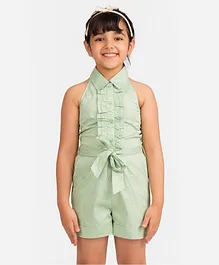 KIDKLO Short Sleeves Printed Collar Neck Jumpsuit - Green