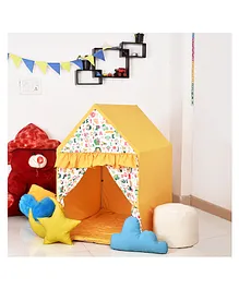 Play House Kids Flaxen Hut Shape Tent House Mini Size with Floor Quilt, Beanbag, and Cushion Set - Yellow