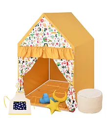 Play House Kids Flaxen Hut Shape Tent Mini Size with Floor Quilt, Beanbag, Cushion Set & Apron - Yellow