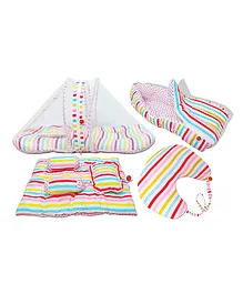 VParents Mite Baby 4 Piece Bedding Set With Pillow And Bolsters Sleeping Bag And Bedding Set And Feeding Pillow Combo Stripes