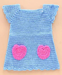 Richhandknits Half Sleeves Handknitted Woollen Dress Heart Pockets - Blue