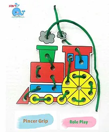 HNT Wooden Train Shaped Lacing Toy - Multicolor